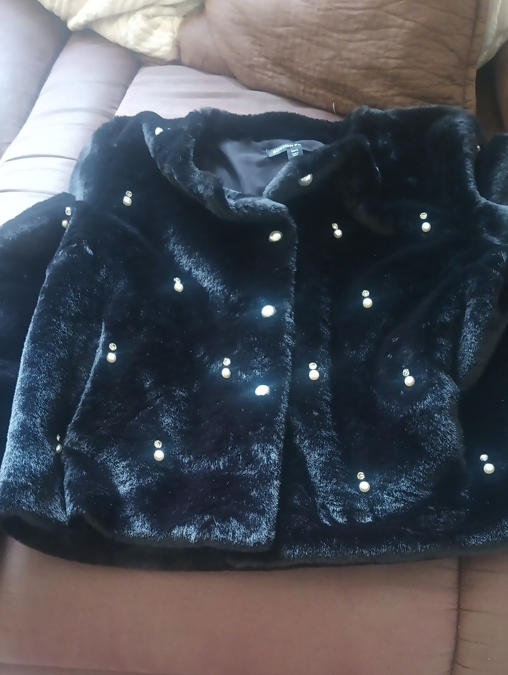 Boston Proper Black Faux Fur, Diamond ,Pearl-Trim Teddy Jacket